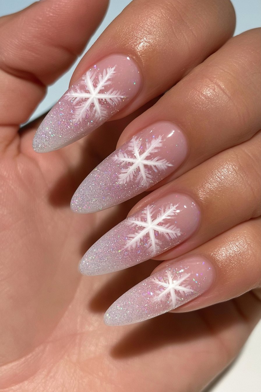 Glitter-frosted nails with sparkling snowflake accents and icy shimmer