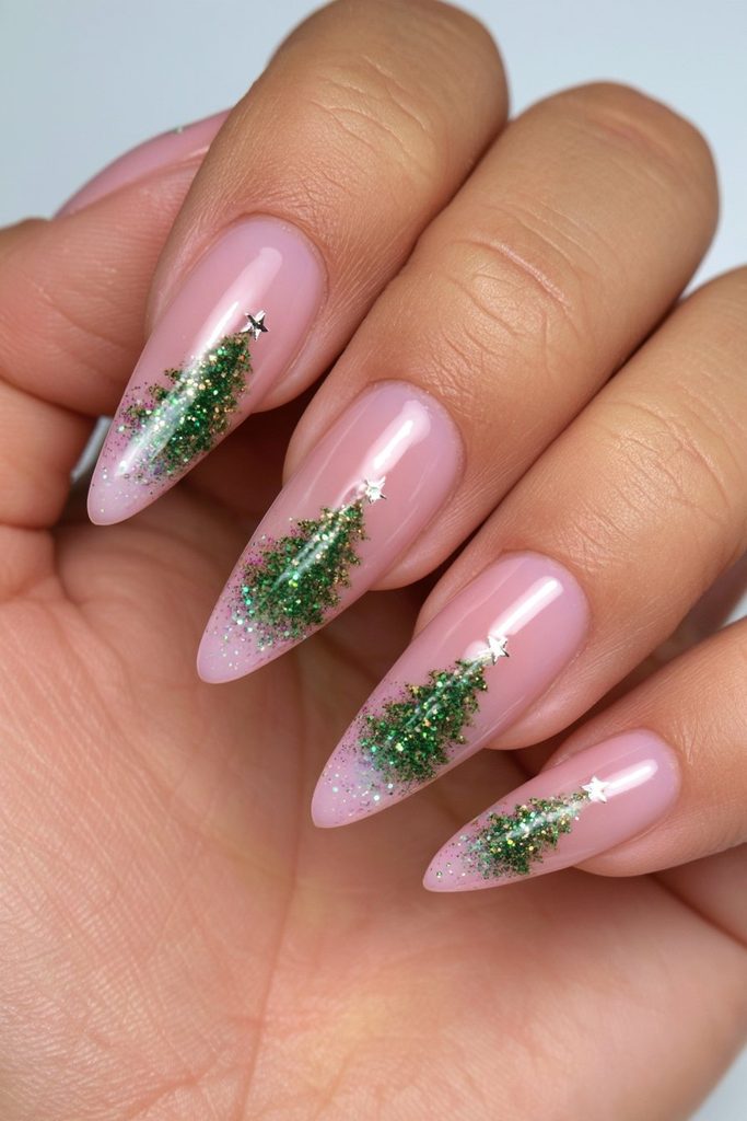 Glitter tip Christmas tree nails