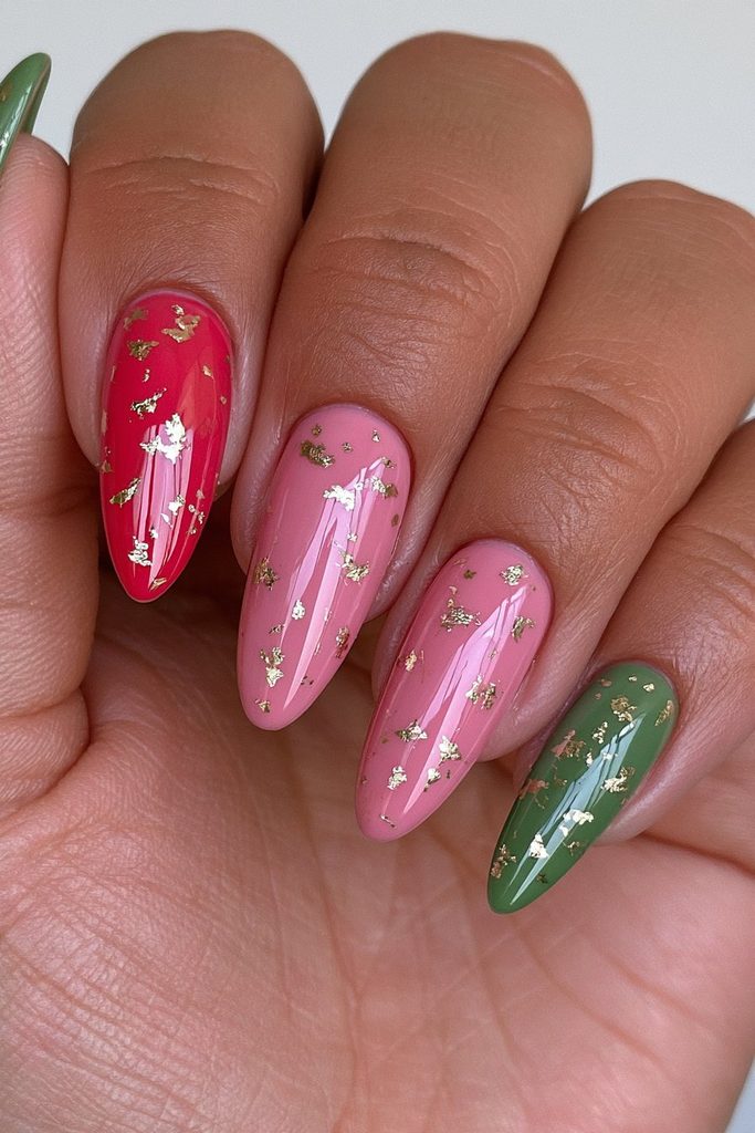 Gold-flecked red green Christmas nails
