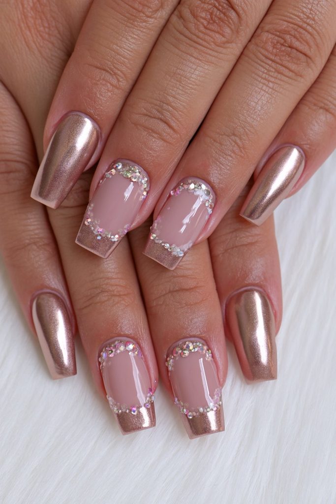 Gold-on-gold coffin nails with luxurious metallic layered dimension
