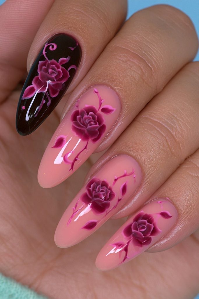Gothic floral almond nail design