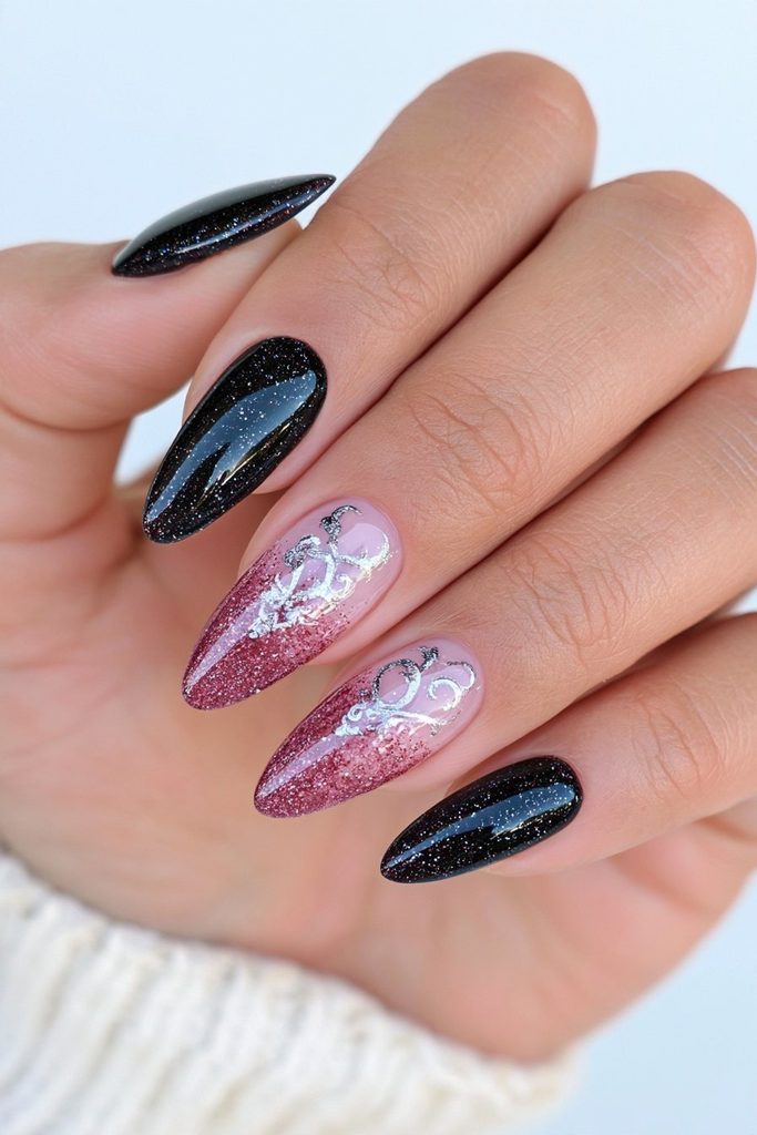 Gothic script accent almond nails