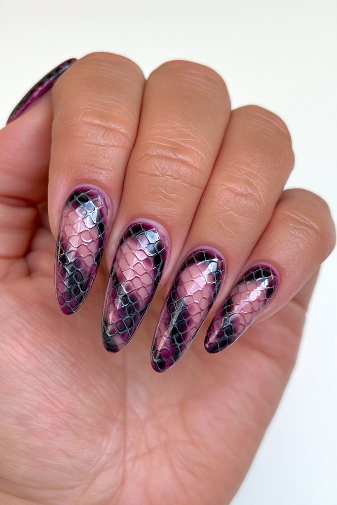 Gothic snakeskin textured almond nails