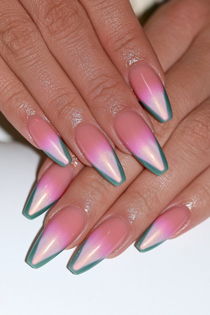 Green aura nails with softly blended glowing centers
