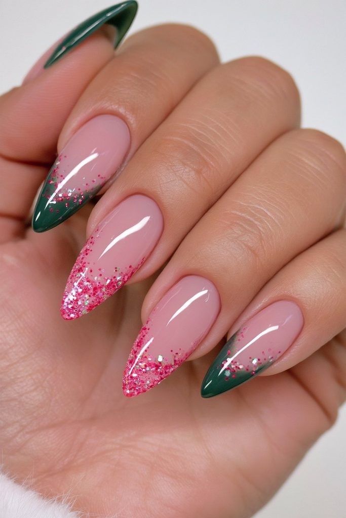 Green nails with red glitter tips