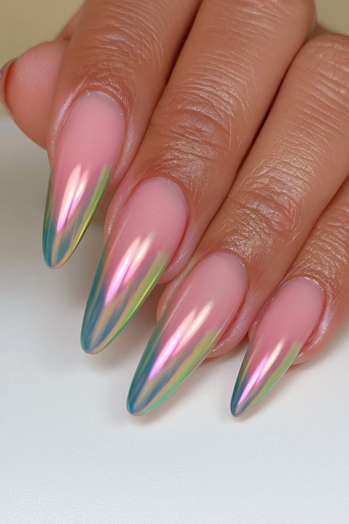 Green multi-chrome nails with shifting metallic autumn tones