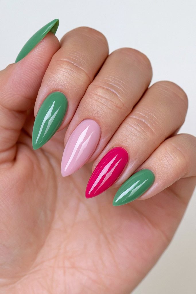 Green nails with red accent