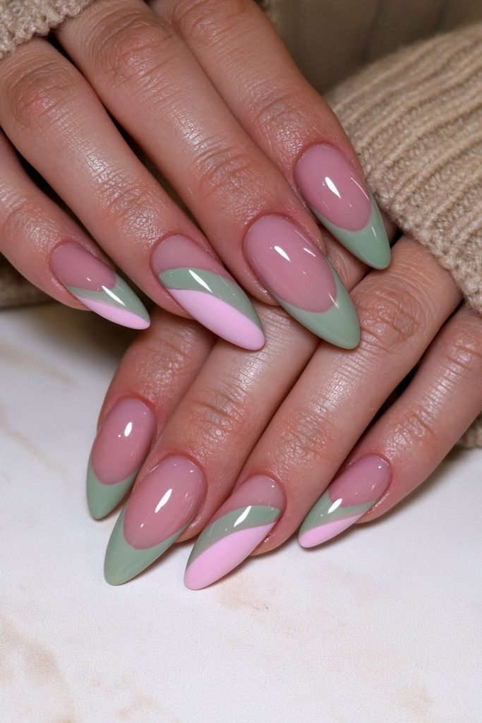 Green negative space nails with clean modern minimalist details