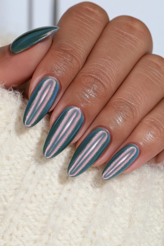 Deep green velvet nails with rich magnetic shimmering glow
