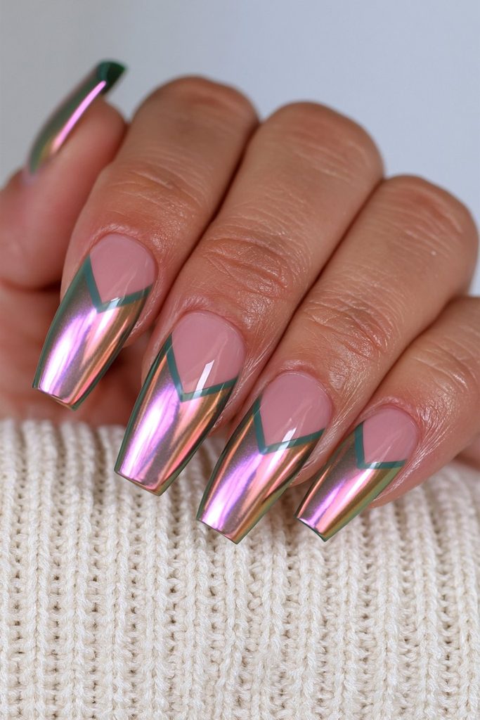 Green and bronze chrome nails with striking metallic contrast