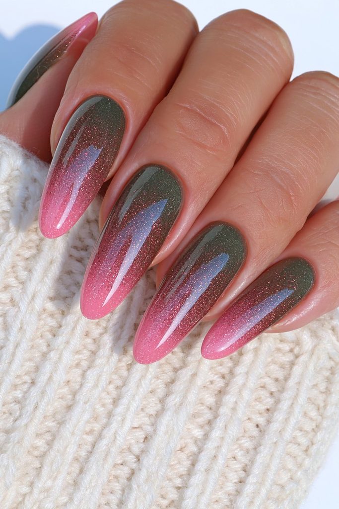 Green and chocolate brown ombré nails with seamless blending