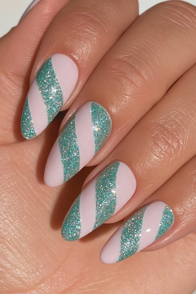 20 Candy Cane Nail Designs for Easy, Festive DIY Manicures 16 Green white candy cane twist