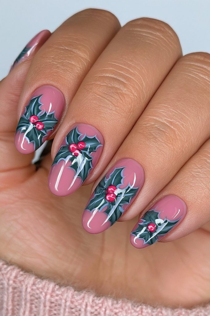 Holly leaf accent Christmas nails