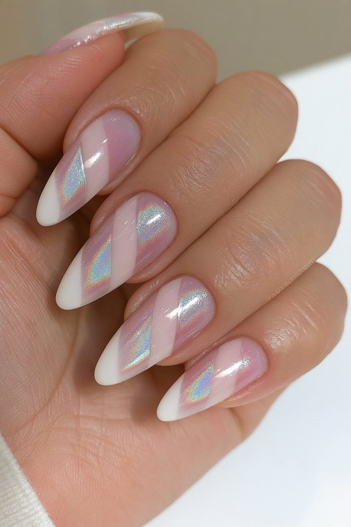 20 Candy Cane Nail Designs for Easy, Festive DIY Manicures 18 Holographic candy cane stripe nails