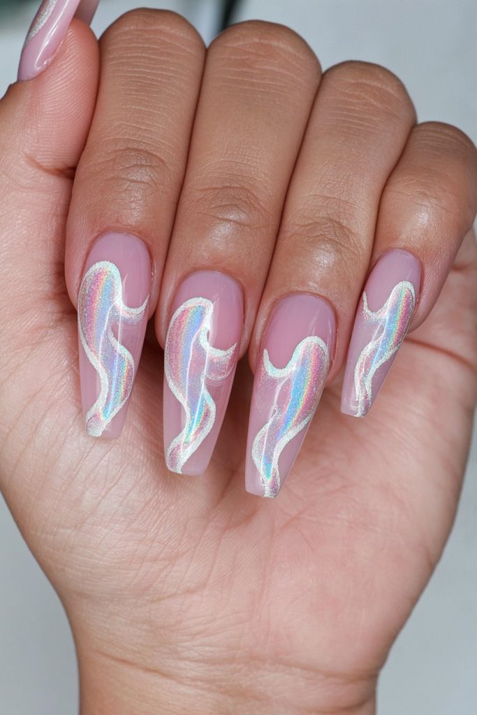 Holographic ghost outline coffin nails