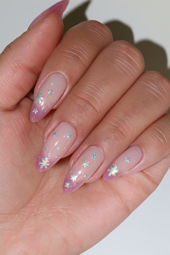20 Glamorous Snowflake Nail Ideas to Sparkle Through Winter 2 Holographic snowflake confetti on glossy nails