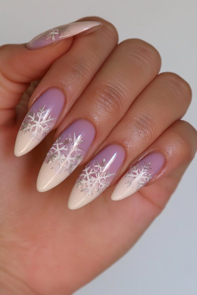 20 Glamorous Snowflake Nail Ideas to Sparkle Through Winter 12 Icy blue white snowflake ombré nails