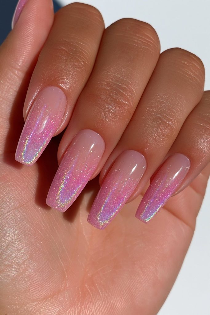 Iridescent glitter ghost coffin nails