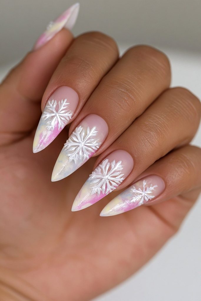 Matte nails with glossy snowflake designs creating subtle contrast