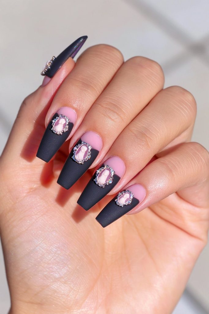 Matte black ghost cameo coffin nails