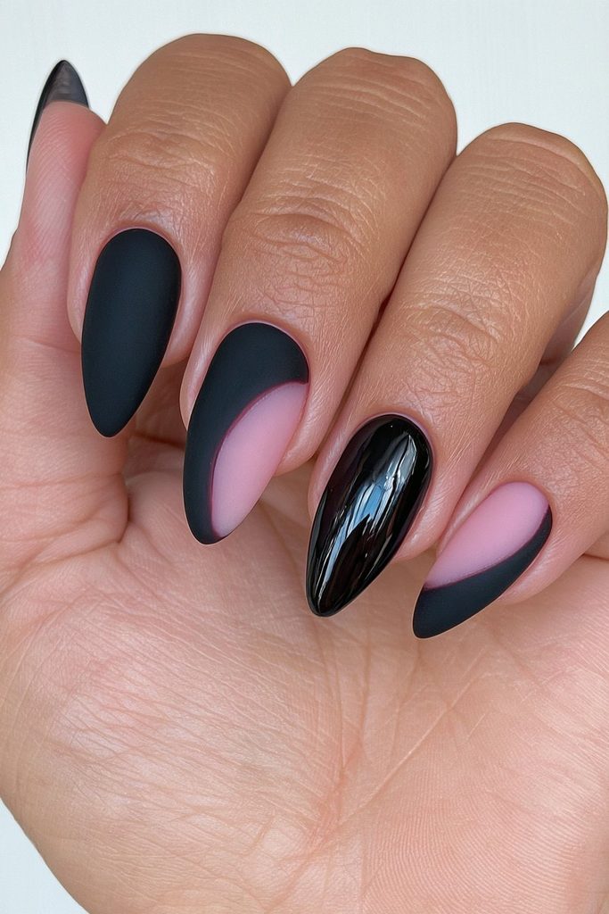 Matte glossy two-tone black almond nails
