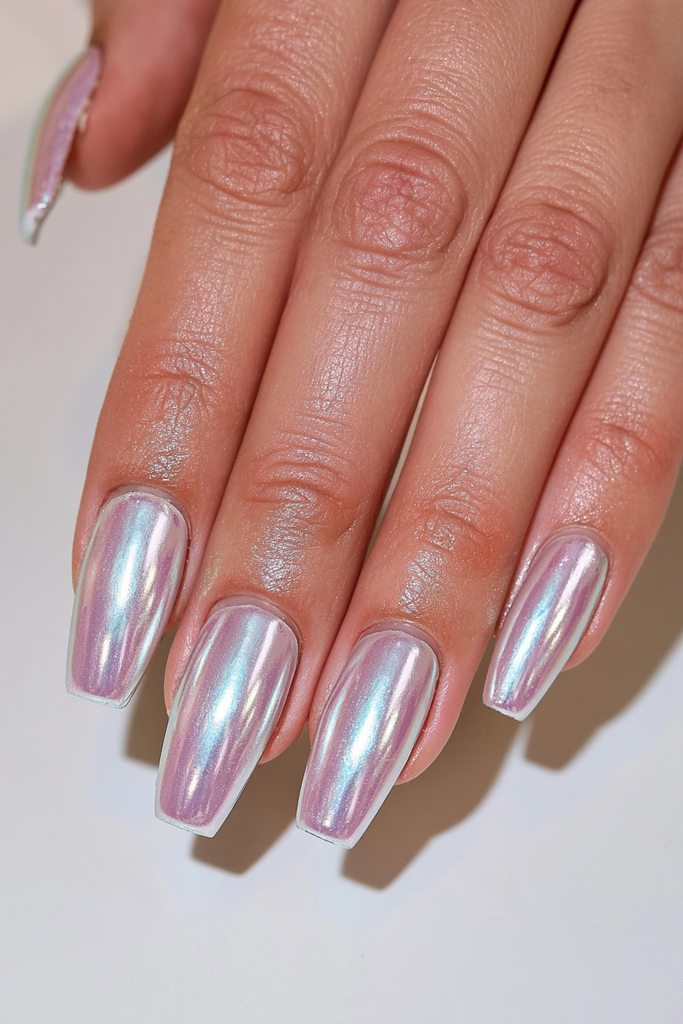 Metallic chrome coffin nails with bold reflective mirror shine