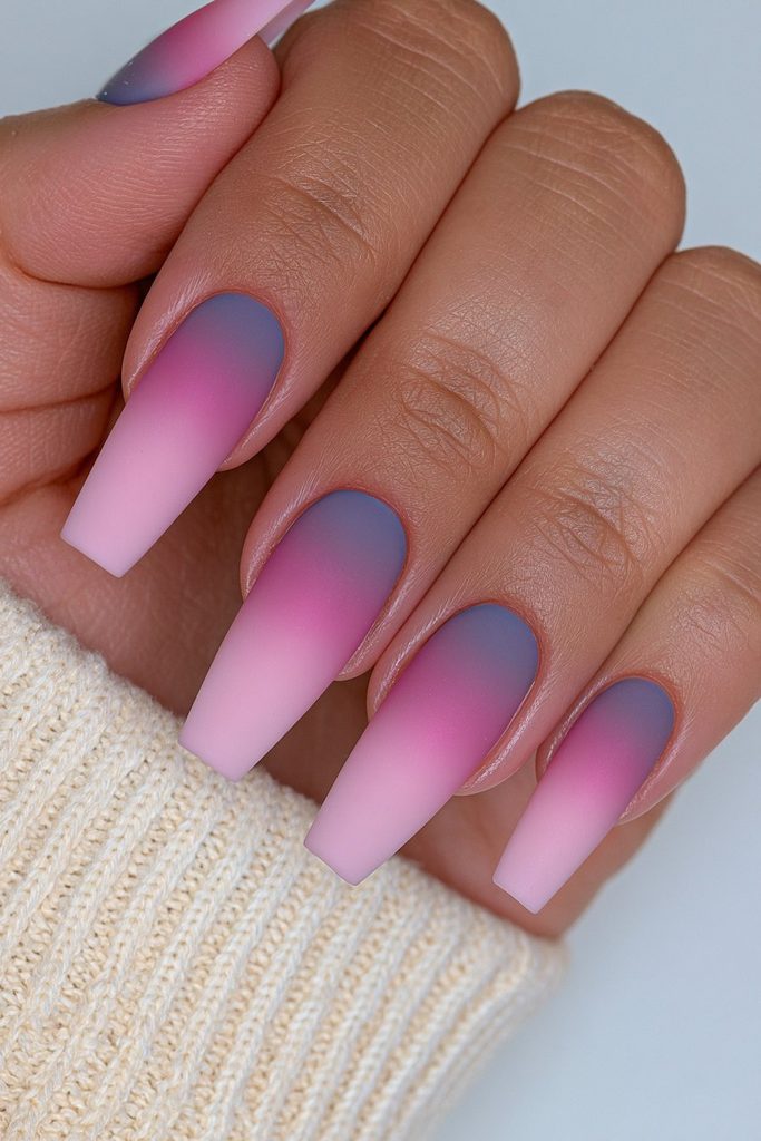 Midnight blue and plum ombré coffin nails with matte finish
