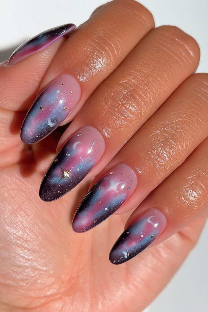 Midnight navy celestial gold nails