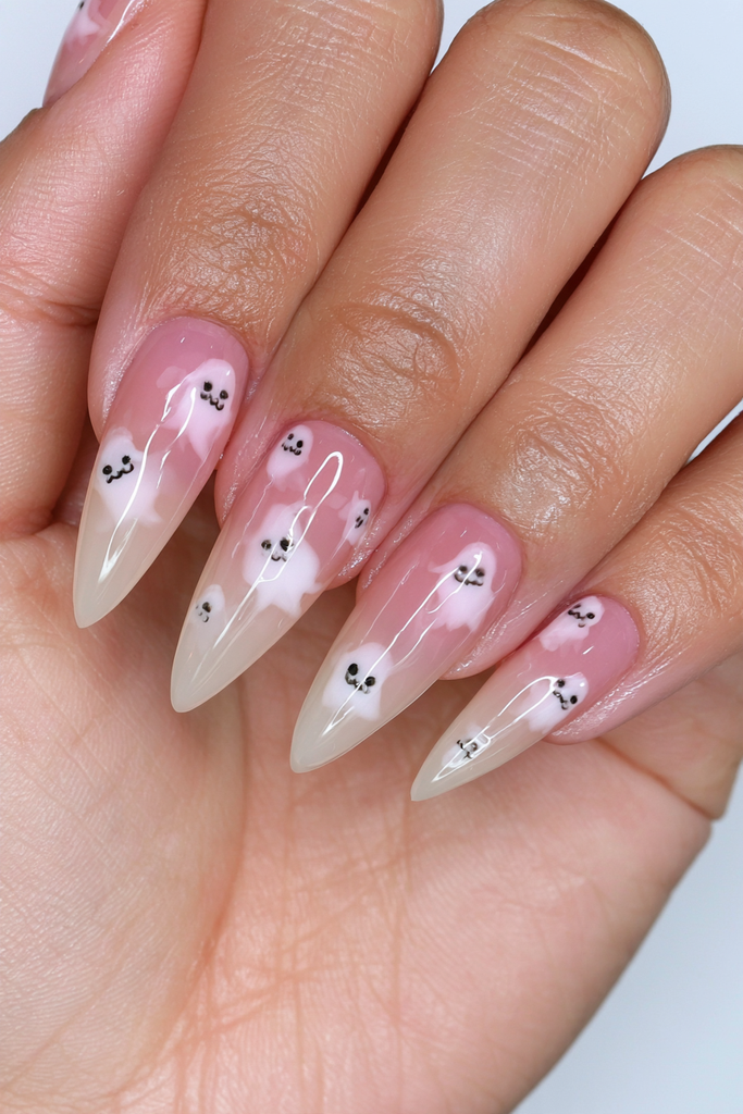 25 Almond Ghost Nails: Effortless Halloween Style 22 Mini ghost family almond nails