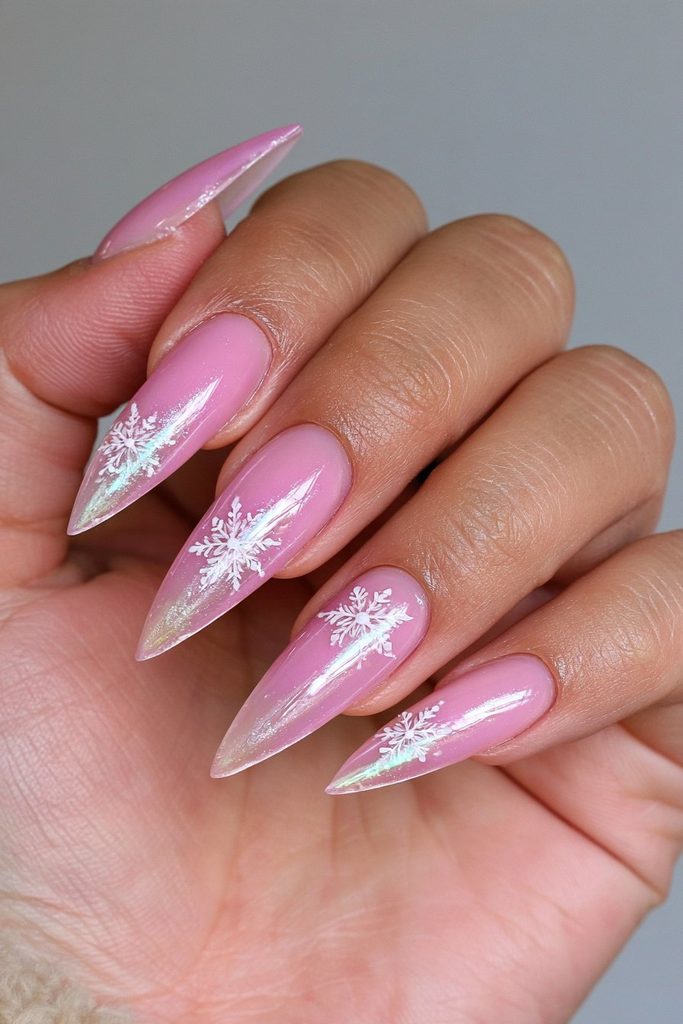 Minimalist snowflake nail featuring one delicate white snowflake accent