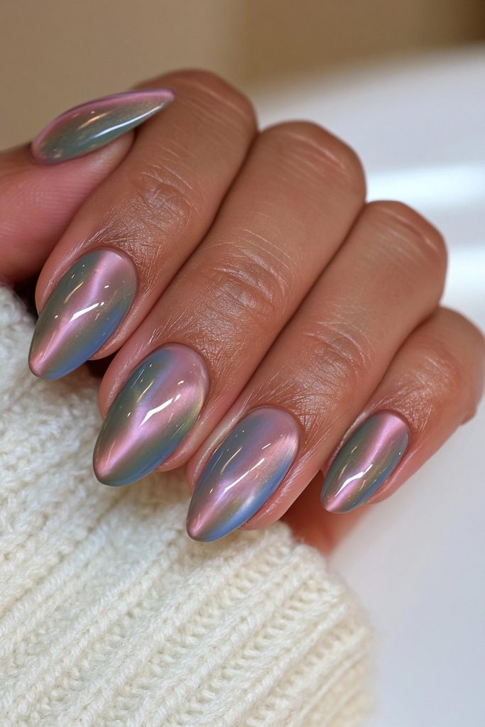 Moss green cat-eye nails with earthy glowing magnetic dimension