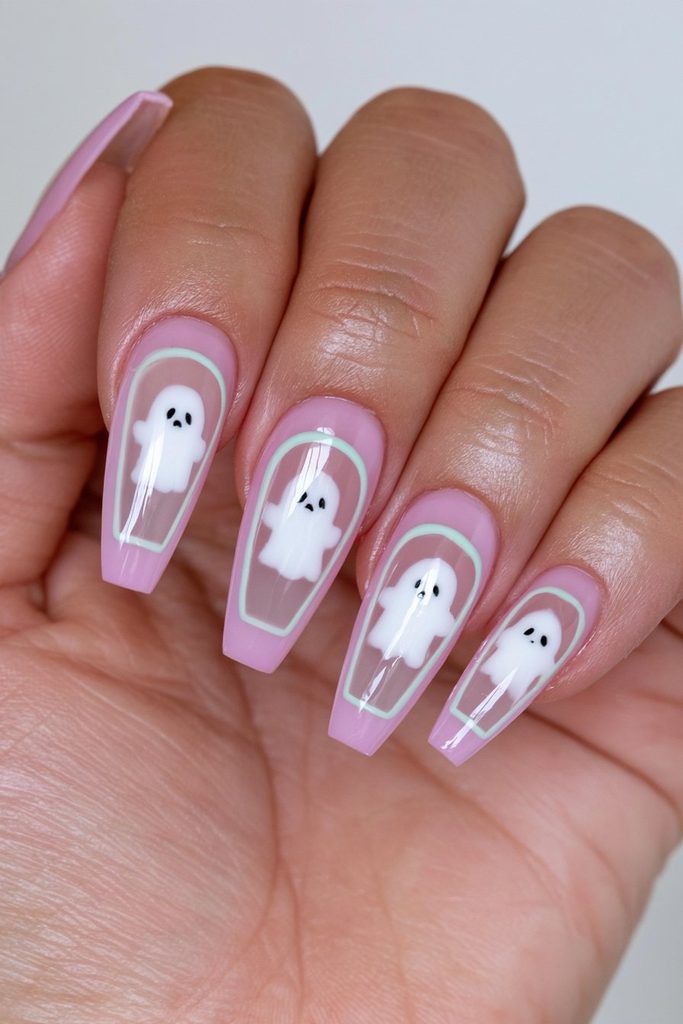 Negative-space ghost coffin nail art