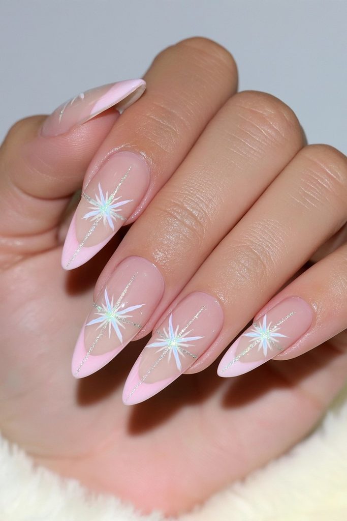 20 Glamorous Snowflake Nail Ideas to Sparkle Through Winter 9 Negative-space snowflake outline nails