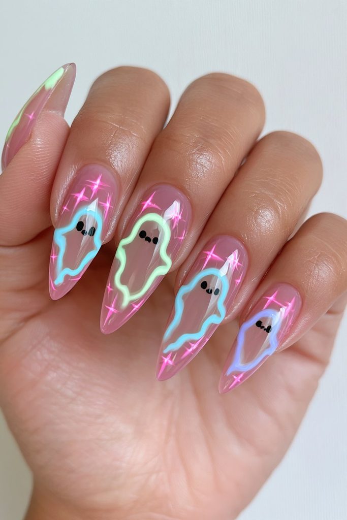 25 Almond Ghost Nails: Effortless Halloween Style 14 Neon glowing ghost almond nails