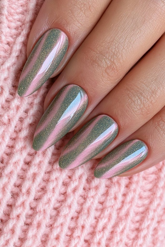Olive green cat-eye nails with sophisticated magnetic shimmer