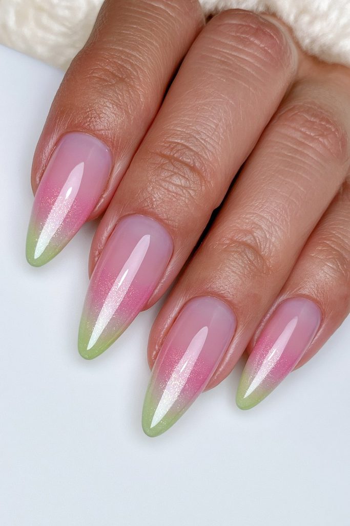 Olive green shimmer nails with sophisticated dirty martini glow