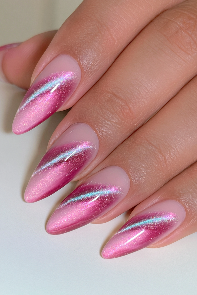Oxblood cat-eye almond nails with dark luxurious magnetic shine