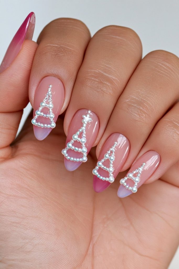 Pearl Christmas tree pink nails