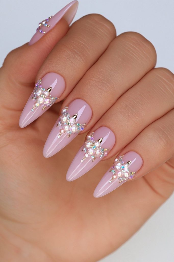 Pearl rhinestone Christmas ornament nails
