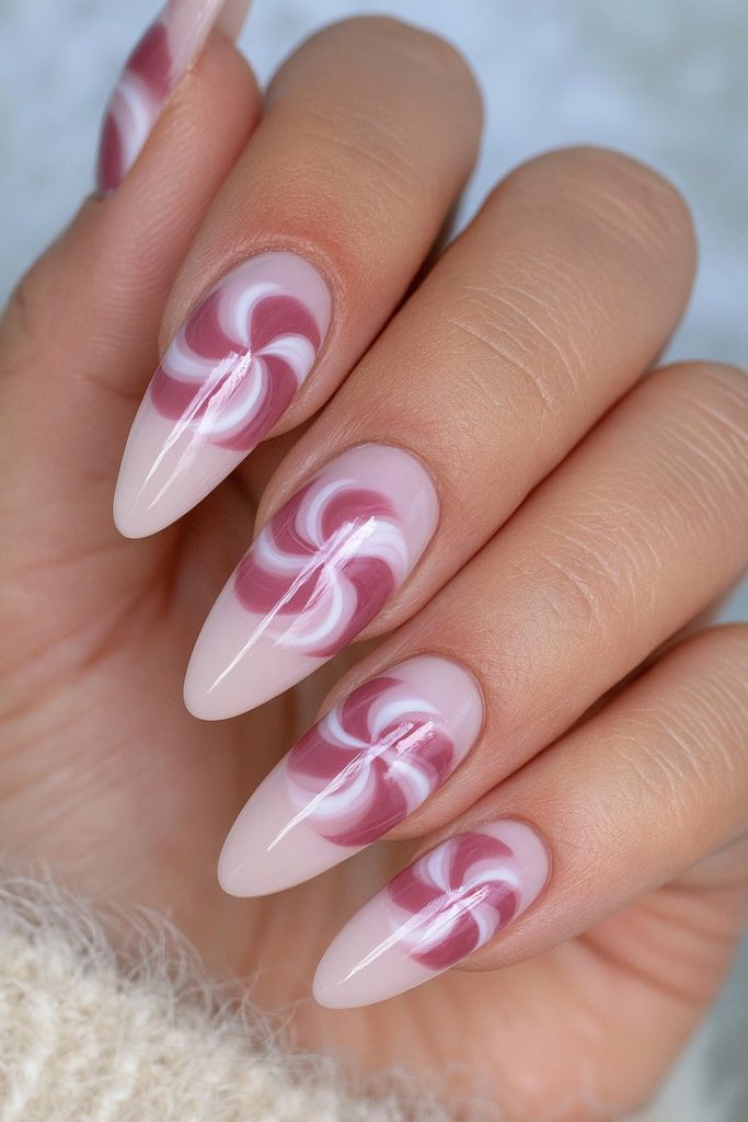 Red white peppermint swirl nails