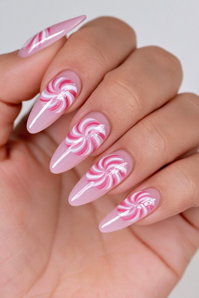 20 Candy Cane Nail Designs for Easy, Festive DIY Manicures 11 Peppermint swirl Christmas nails