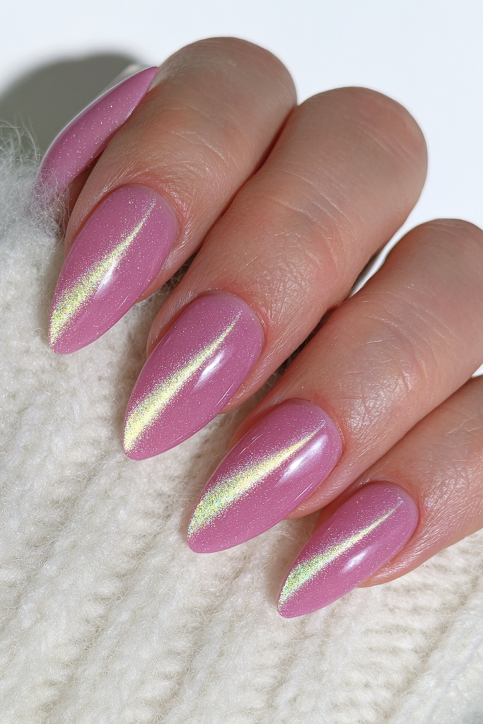 Pink champagne velvet cat-eye nails with soft shimmer