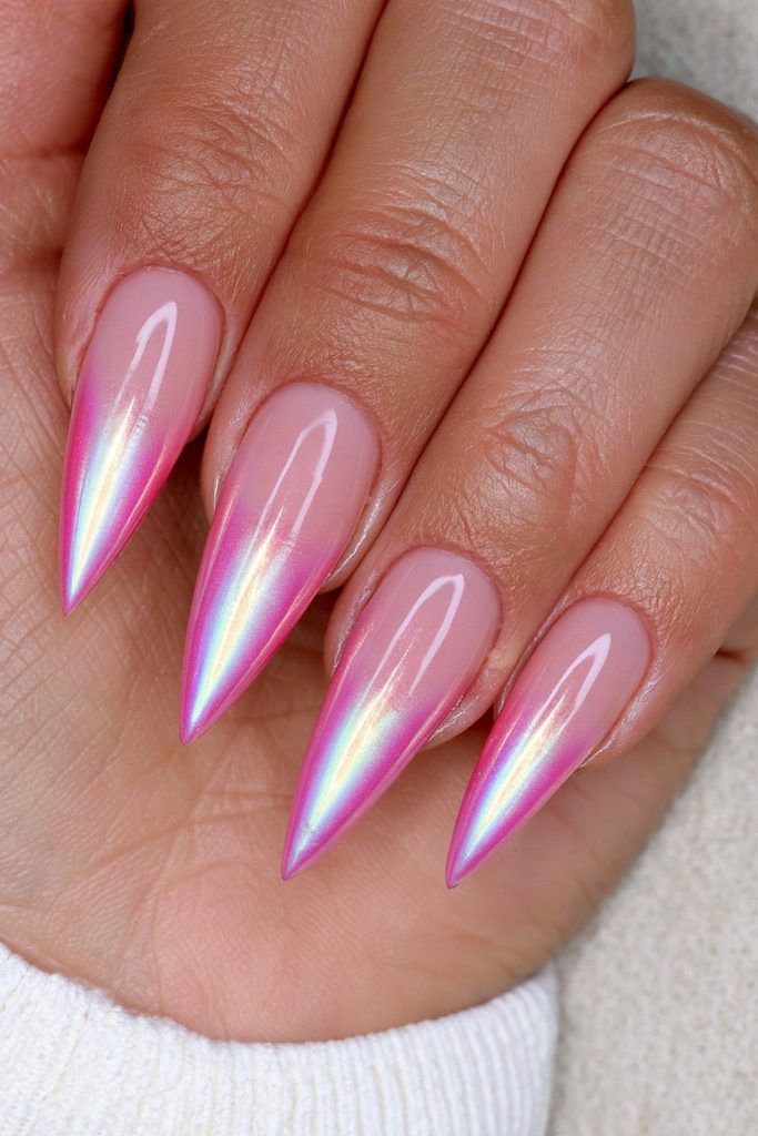 Pink glazed donut stiletto nails with pearly glossy shine