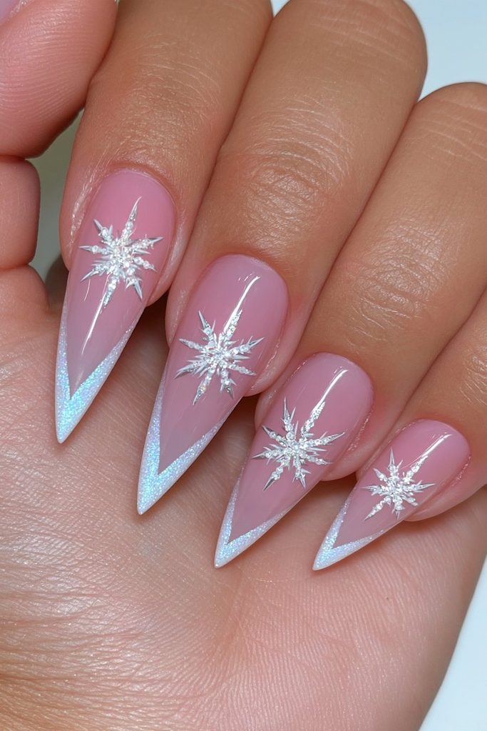 20 Glamorous Snowflake Nail Ideas to Sparkle Through Winter 20 Pointed glam snowflake tip nails