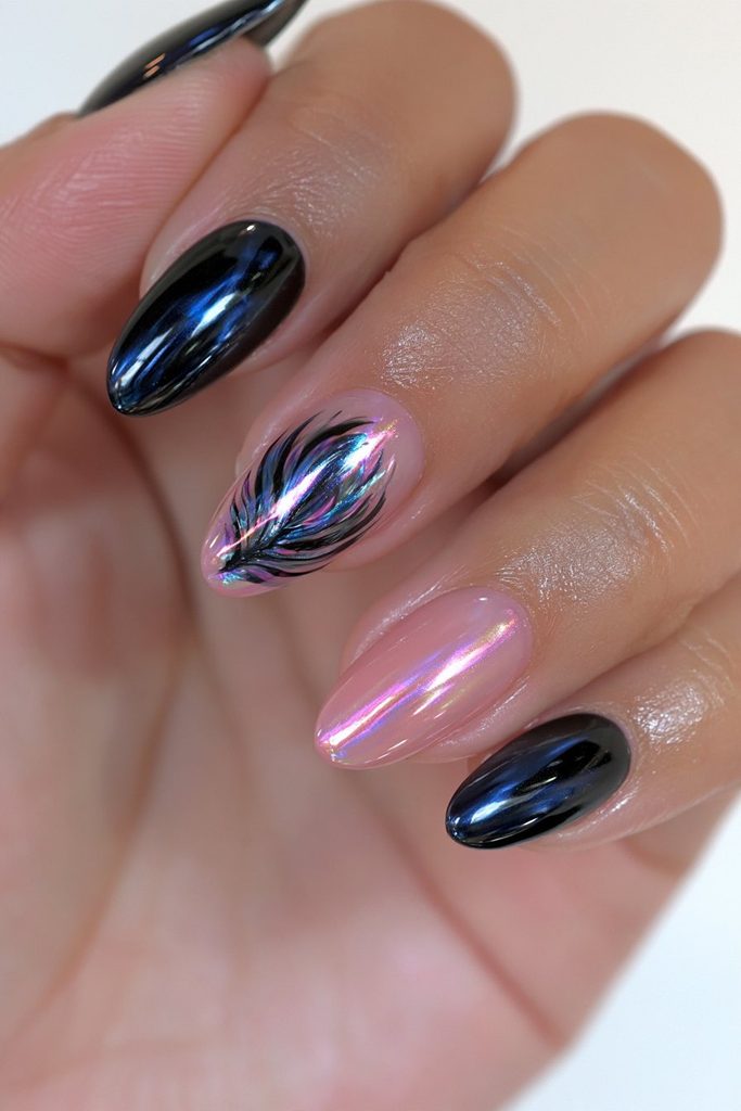 Raven feather accent almond nails