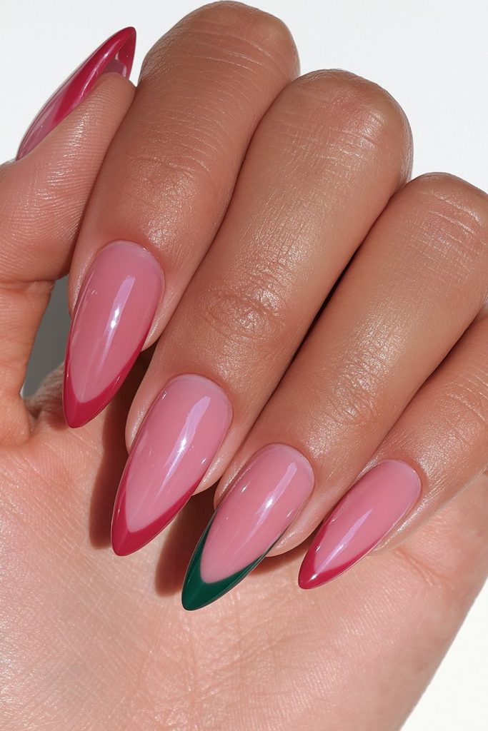 Red nails with green accent