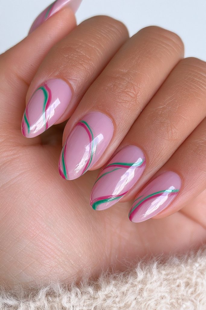 Red green abstract line art nails