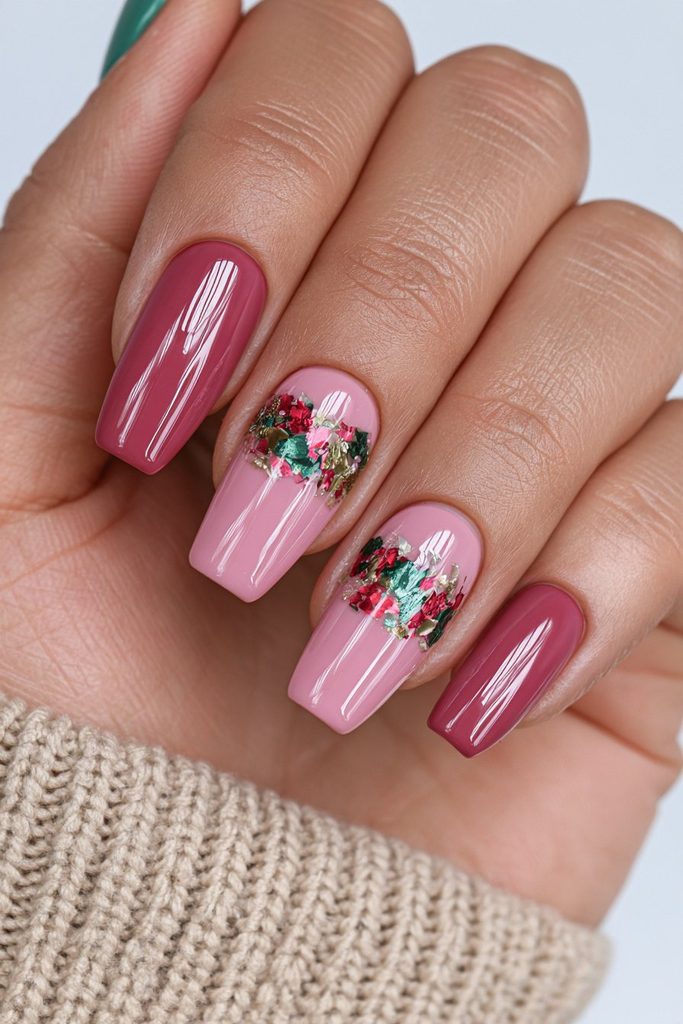 Red green foil accent Christmas nails