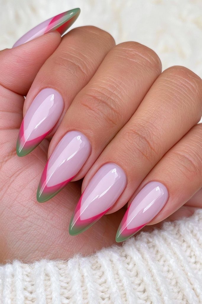 Red and green French tip nails