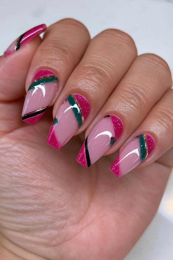 Red green geometric Christmas nail art